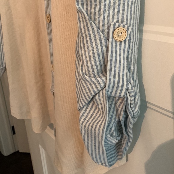 Ribbed Long Sleeve Shacket with Striped Detail - Ivory - Picture 7 of 9